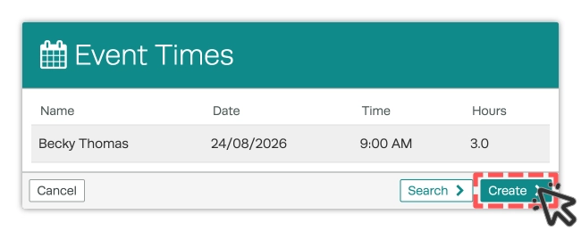 A screenshot of the Event Times pop up with the create button highlighted.