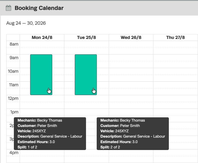 A cropped composite Screenshot of the Booking Calendar's week view. Two cursors hover over Event Times on Monday and Tuesday and their details appear as pop up windows.