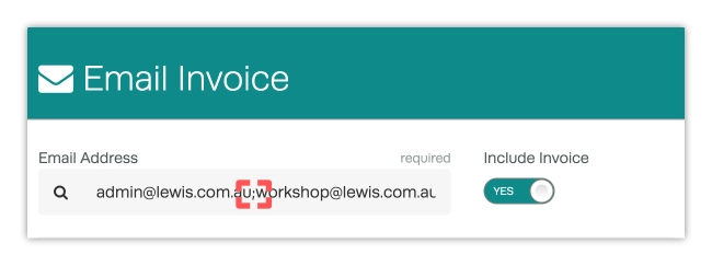 A cropped screenshot of the Email Invoice pop up, the dividing semicolon (;) is highlighted