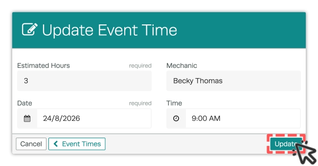 A screenshot of the Update Event Time pop up, each field is completed and the Update button is highlighted.