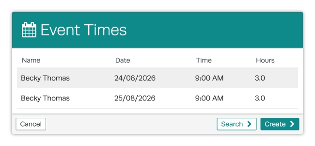 A screenshot of the Event Times pop up showing two events assigned to subsequent days.
