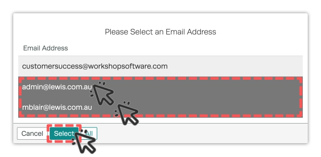 A screenshot of the pop up window used to select contact's emails addresses.