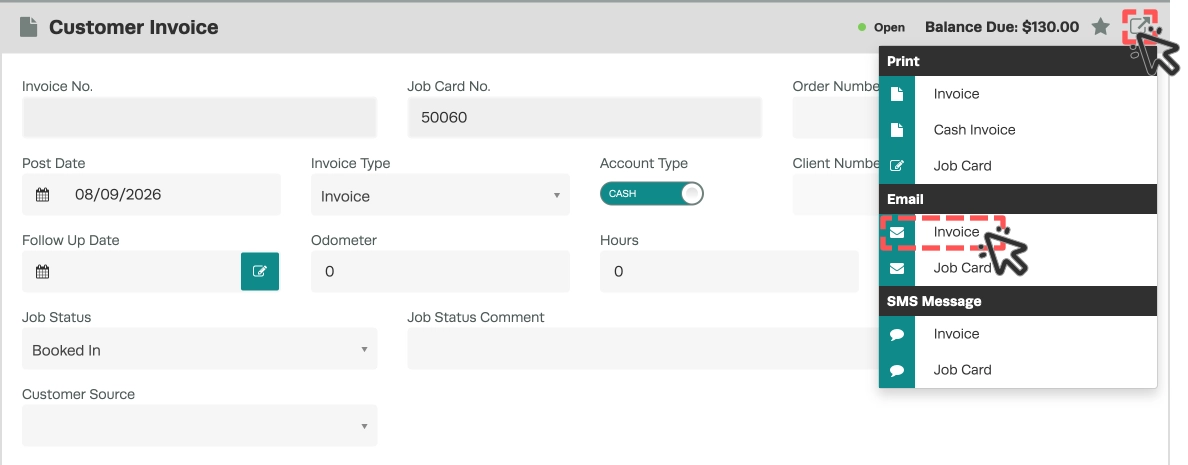 A cropped screen shot of a Customer Invoice card, cursors indicate to select the export icon and then the send Invoice Email option.
