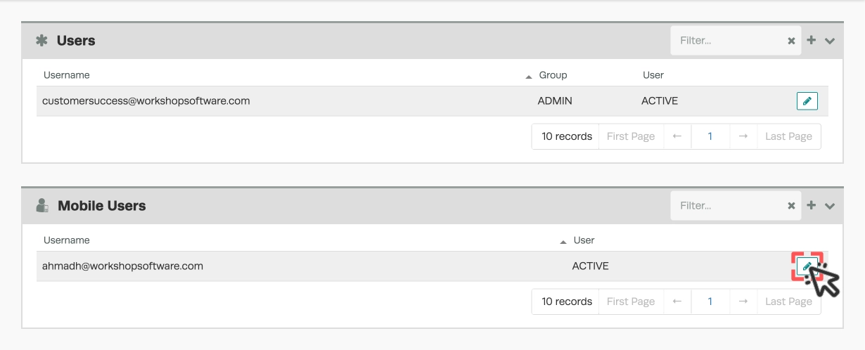 A screenshot of the Users page inside Workshop Software's Admin settings. The pencil icon of a Mobile User is highlighted and a cursor indicates a click.