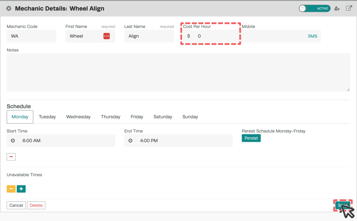 A screenshot of Workshop Software's Mechanic Details page, a red box highlights the Cost Per Hour Field and the Save button in the lower right hand corner.