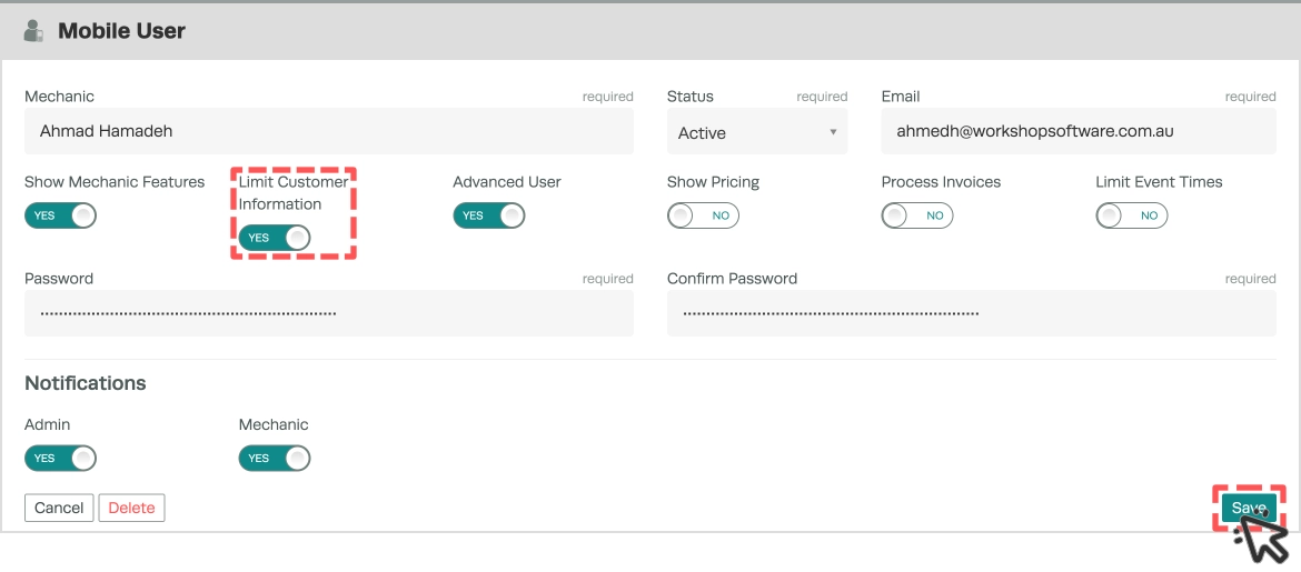 A screenshot of the Mobile Users settings card. The Limit Customer Information toggle is set to "Yes and highlighted. The Save button is highlighted and a cursor indicates a click.