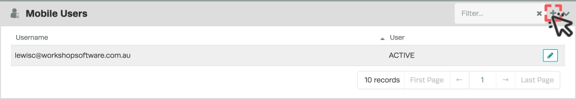 A screenshot of the Mobile Users list in the Users Page. The + icon is highlighted.