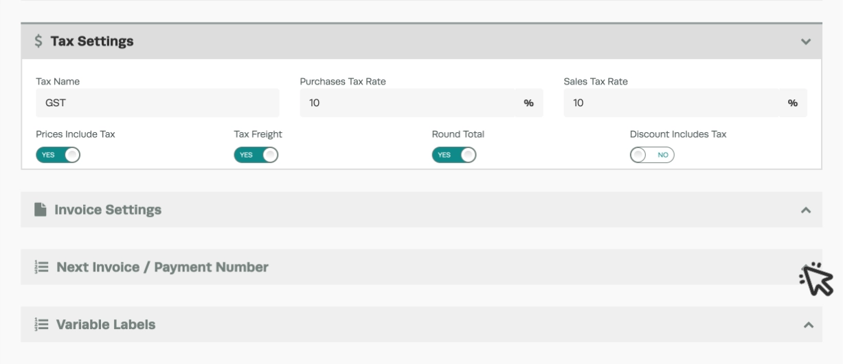 A cropped screenshot of Workshop Software's Company Settings page. The header bar for Next Invoice / Payment Number is visible and a cursor indicates to click the arrow on the right of this bar.