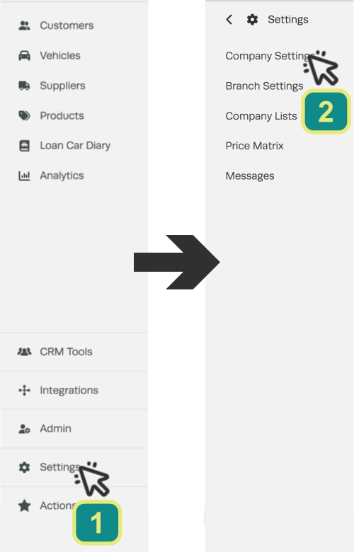 Two cropped screenshots of Workshop Software's Dashboard. A cursor numbered 1 indicates to click "Settings", an arrow indicates the second screenshot opens and a cursor numbered 2 indicates to click "Company Settings.
