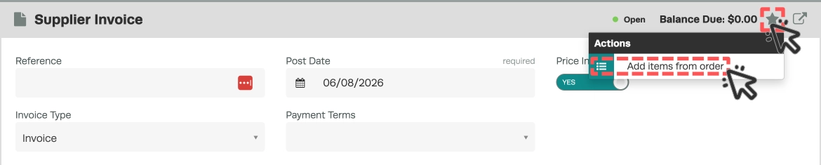 A cropped screenshot of the Supplier Invoice card, cursors indicate to click the Star icon then Add items from order.