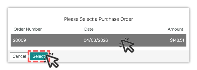 A screenshot of the Pop Up used to add items from a Stock / Purchase Order to a Supplier Invoice. Cursors demonstrate selecting the Order an choosing the Select button.