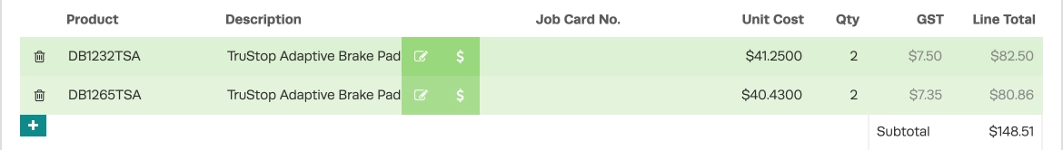 A screenshot of a Supplier Invoice's Product list.