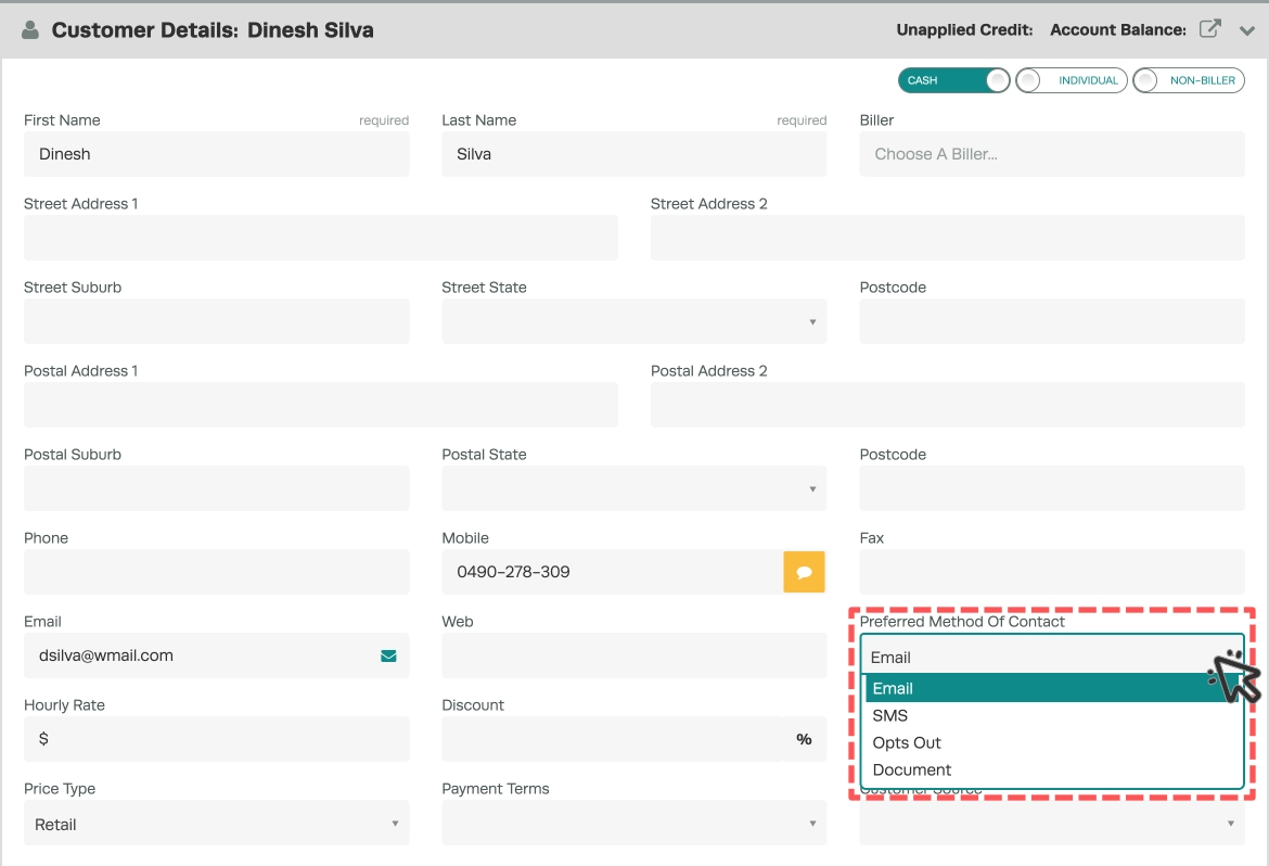 A cropped screenshot of a Customer Details card, the Preferred Method of Contact Drop down is highlighted and displays Email, SMS, Opts Out and Document options.