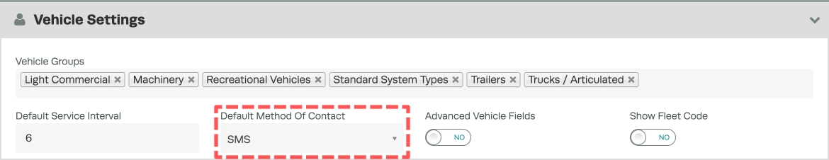 A screenshot of the Vehicle Settings card in Workshop Software's Company Settings page. The Default Method Of Contact field is highlighted.