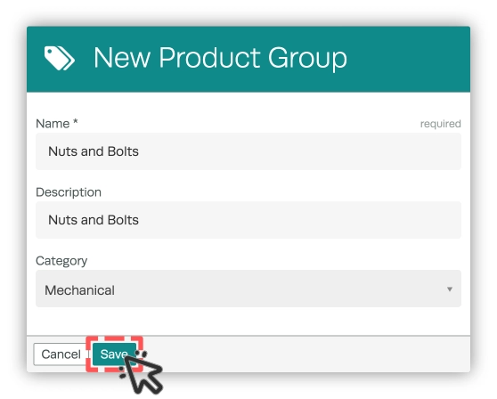 A screenshot of the New Product Group pop up in Workshop Software's Product page. Save is highlighted.