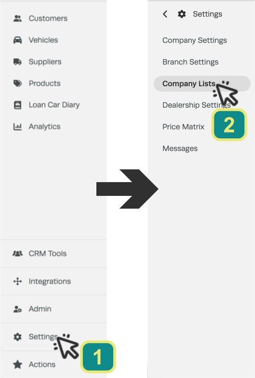Screenshots of Workshop Software's left hand side bar, cursors indicate to click Settings then Company Lists.