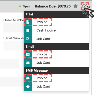 A screenshot of the export drop down menu of an Invoice. The Print, Email and SMS Message Invoice options are highlighted.