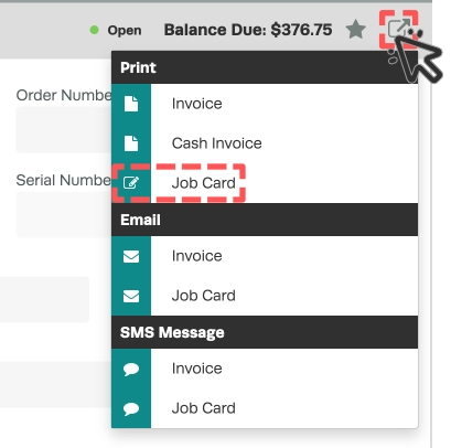 A screenshot of the export drop down menu of an Invoice, the Print Job Card option is highlighted.