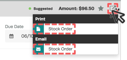 A screenshot of the Export drop down menu of a Stock Order, the Print and Email options are highlighted