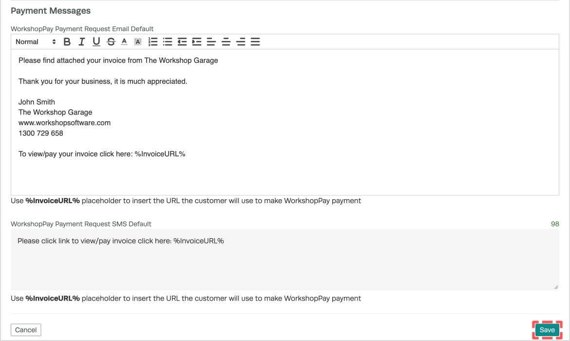 A screenshot of the Payment Messages fields in side Workshop Software's Messages page.