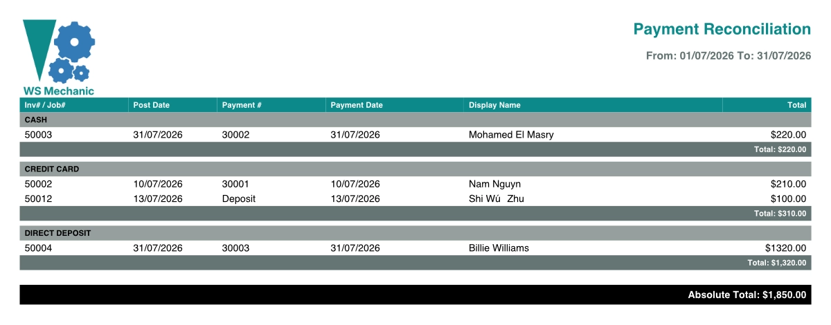 A screenshot of a Payment Reconciliation Report.