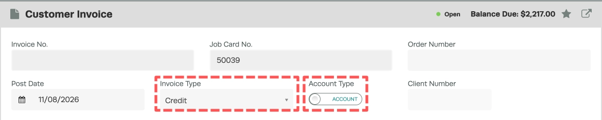 A cropped screenshot of a Customer Invoice card. The Invoice Type field is set to Credit and the Account Type to Account, both are highlighted.