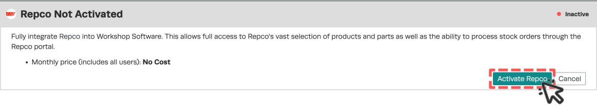 A screenshot of the Repco Integrations page when it is not activated, the Activate Repco Button is highlighted.