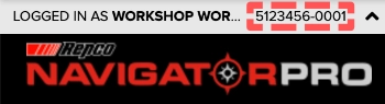 A cropped screenshot of Repco's NavigatorPro website, the Account Code is highlighted.