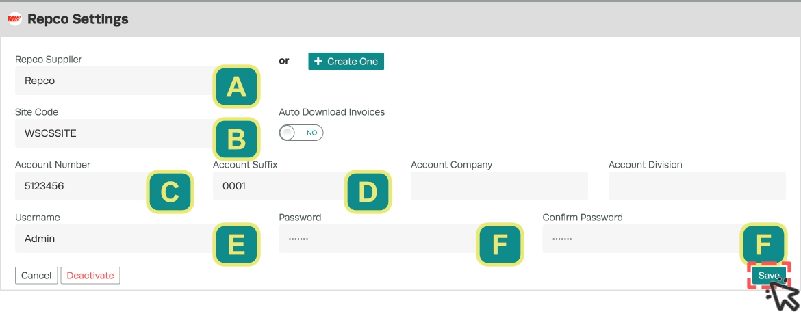 A screenshot of the Repco Settings card. Required fields have a letter assigned and the Save button is highlighted.