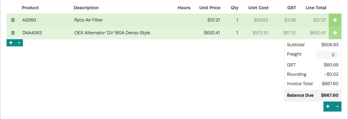 A cropped screenshot of the Parts List inside an Invoice. Parts previously returned from Repco are now included.
