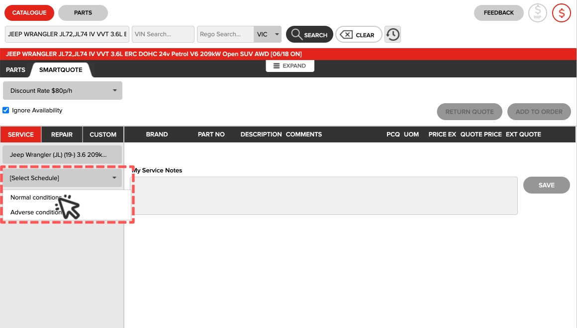 A cropped screenshot of Repco's Smartquote page, the select schedule dropdown menu is open and highlighted.
