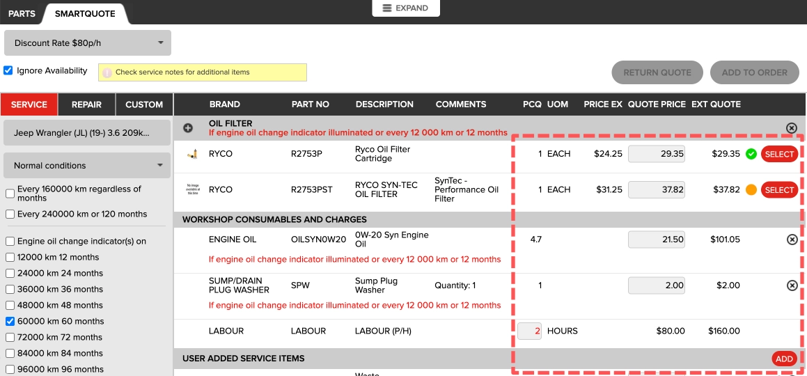 A cropped screenshot of Repco's Smartquote page. The section where parts and services are selected and modified is highlighted.