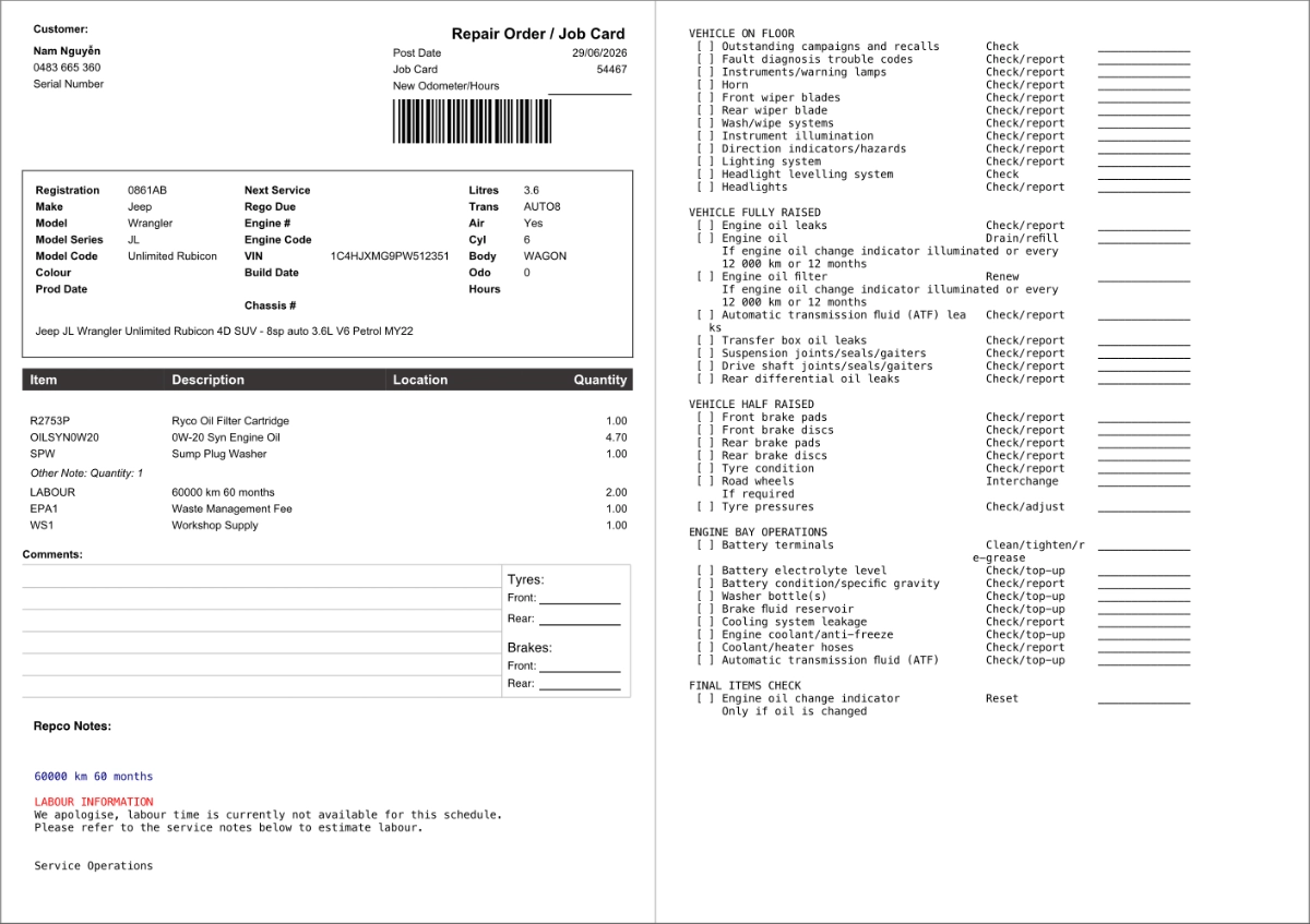 A Workshops Software Job Card. A section called Repco Notes is included for a 60,000 km service.