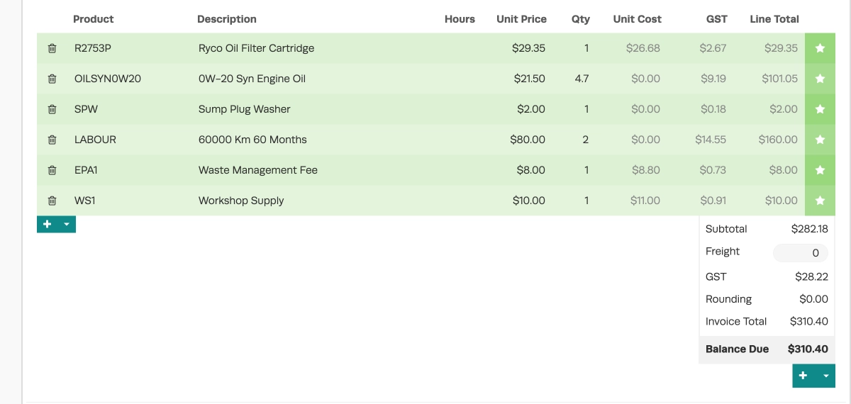A screenshot of a parts list inside an Invoice. The parts and services are those previously selected using Repco's Smartquote function.