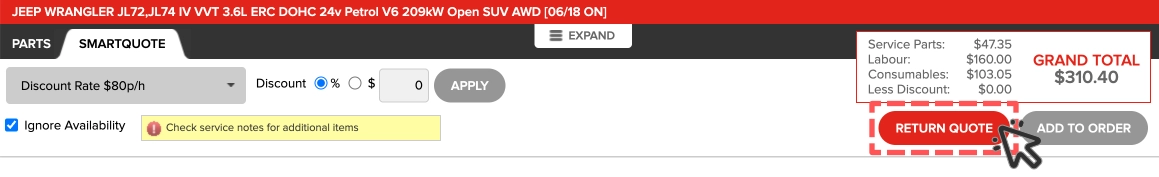 A cropped screenshot of Repco's Smartquote page. The Return Quote button is highlighted.