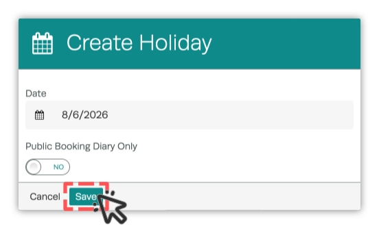 A screenshot of the Create Holiday Pop Up, the Save button is highlighted