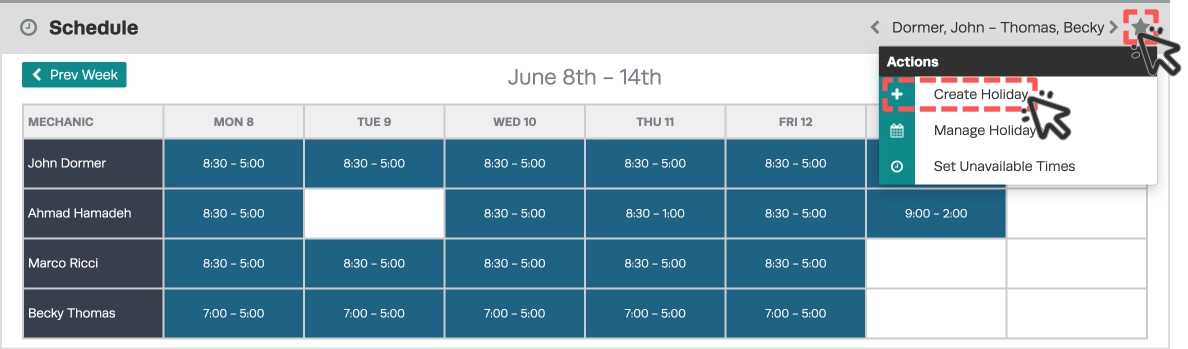 A screenshot of the Schedule card, the Star icon and Create Holiday menu option are highlighted.