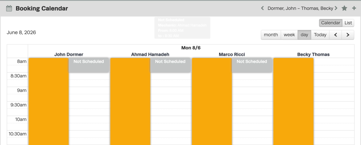 A cropped screenshot of the Booking Diary's day view, each mechanic calendar has an orange bar indicating they are unavailable for bookings.