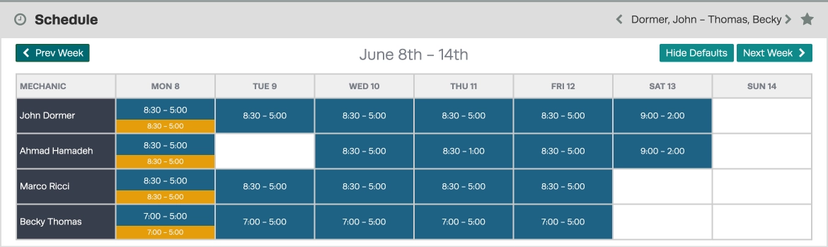 A screenshot of the Schedule card after a holiday has been created. The Mechanic boxes for Monday the 8th contain orange bars indicating they are unavailable to work.