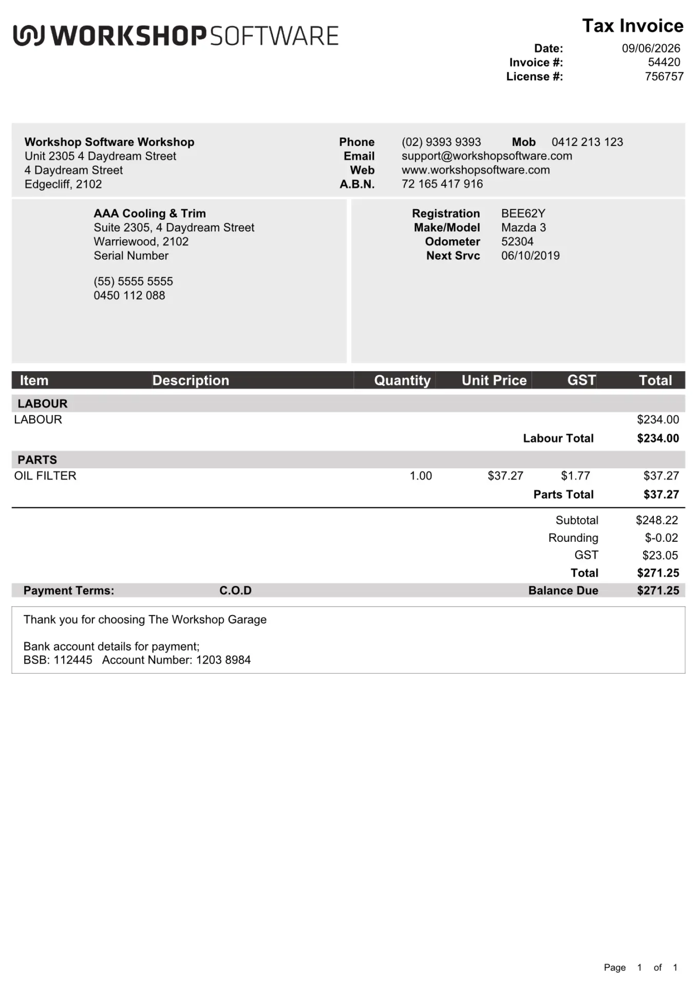 A screenshot of an Invoice sent through WorkshopPay's SMS function.