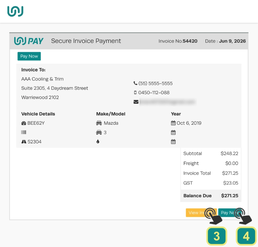 A screenshot of WorkshopPay's customer facing Secure Invoice Payment page.