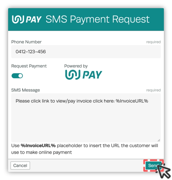 A screenshot of Workshop Software's SMS payment request pop up. The Send button is highlighted.