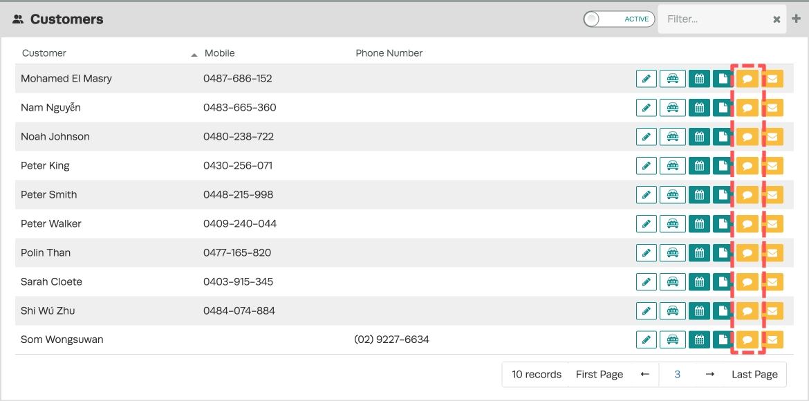 A screenshot of the Customer List. The orange SMS icons are highlighted in the customer list.