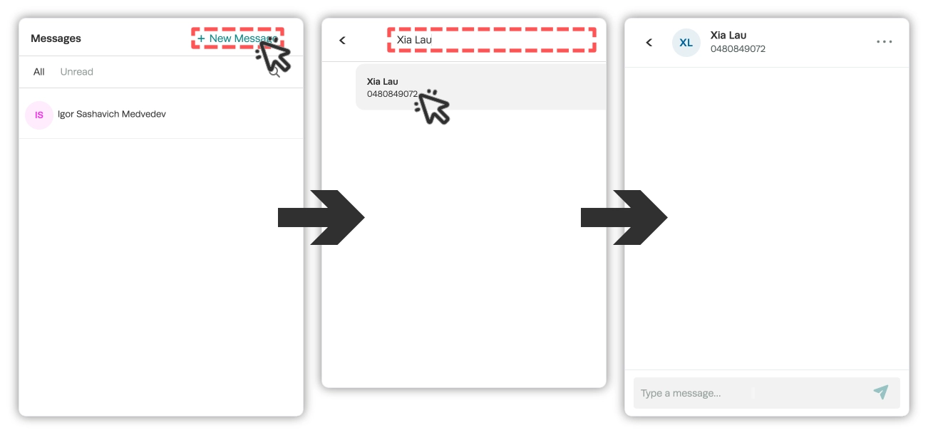 Screenshots of the SMS messaging drop down menu. Cursors indicate to select + New Message, search for a customer and click them.