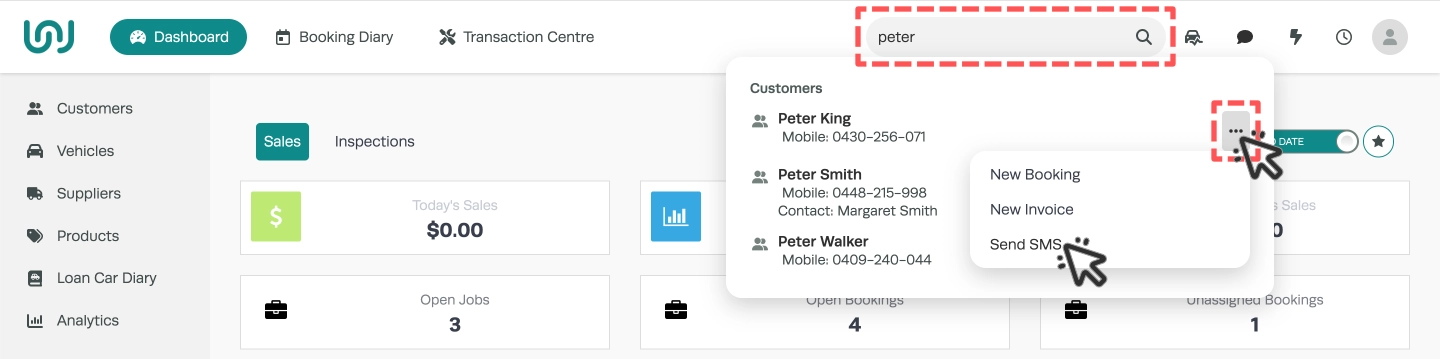 A screenshot of a search using the Main Search Bar. The ... icon is highlighted and a cursor indicates to click the Send SMS option in the drop down.