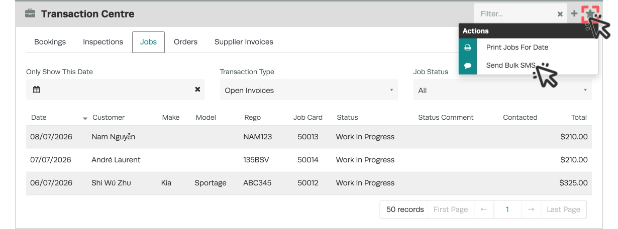 A screenshot of the Jobs List in the Transaction Centre. Cursors indicate to click the Star icon then Send Bulk SMS.