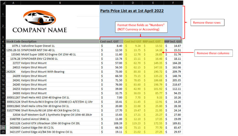 Workshop Software screen showing all columns with prices need to be in the format of 'numbers' not 'accounting...