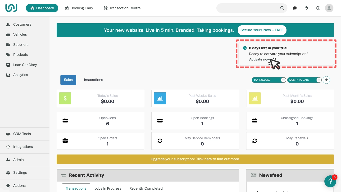 A screenshot of Workshop Software's Dashboard. A red dashed callout box surrounds a message "8 days left in your trial, Ready to activate your subscription?, Activate Now". An icon of a mouse cursor indicating a click is located over "Activate Now".