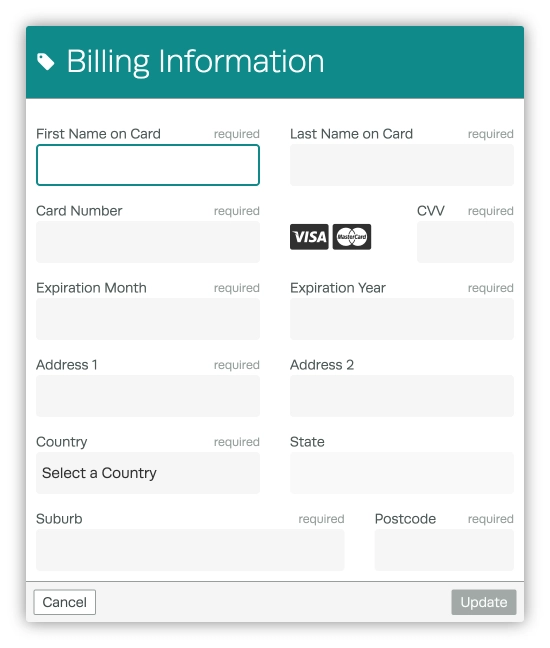 A screenshot of Workshop Software's Billing Information pop up.
