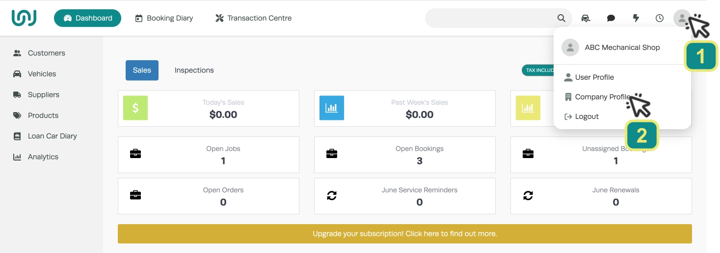 The Workshop Software dashboard. Numbered cursors indicate to click the head shaped User icon then the Company Profile option in the drop down menu.